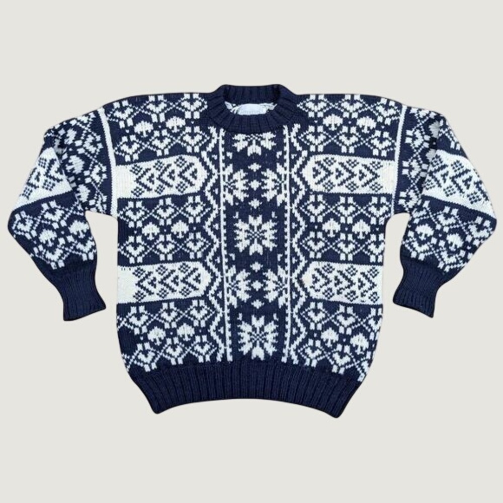 Vintage Fair Isle Snowflake Wool Sweater Nordic Navy Passports Pier Large